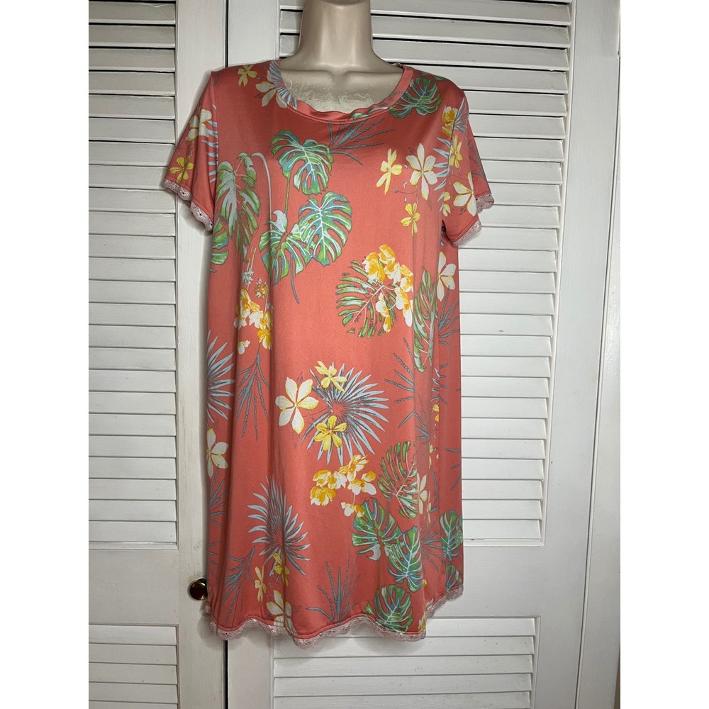 Nanette Lepore Tropical Floral Lace Trim Nightgown Coral Pink Sleep Dress L